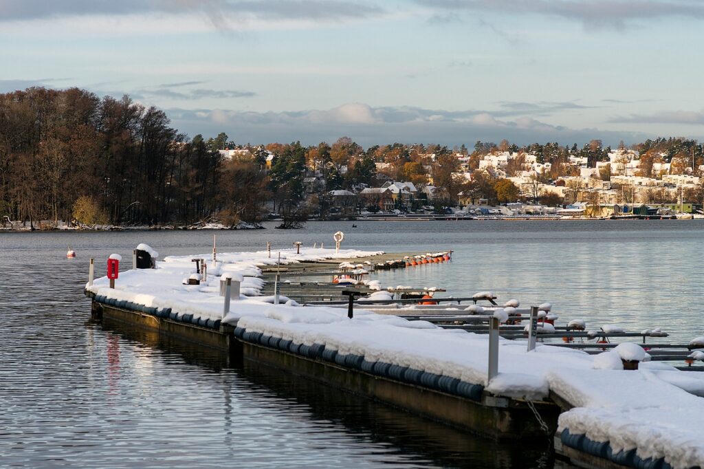 winter, pier, water